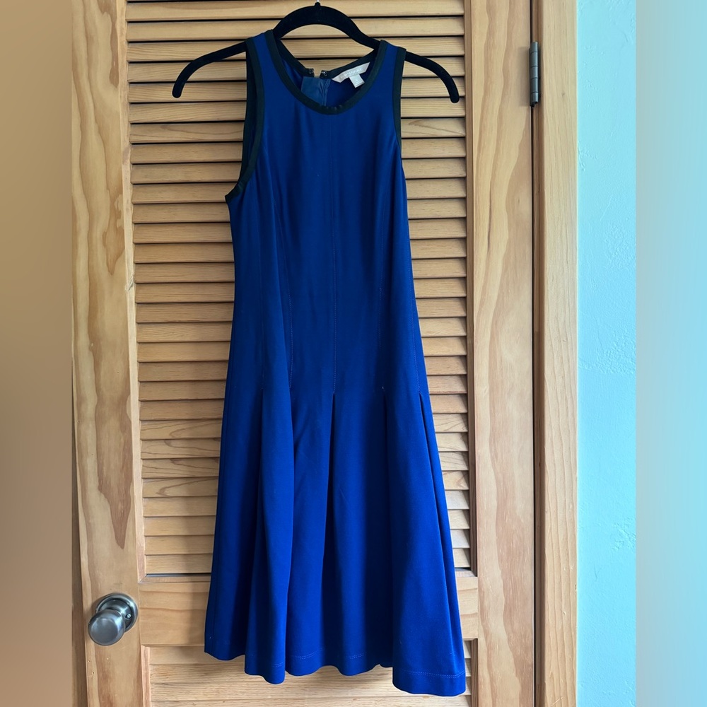 Blue dress with fitted torso and flow skirt